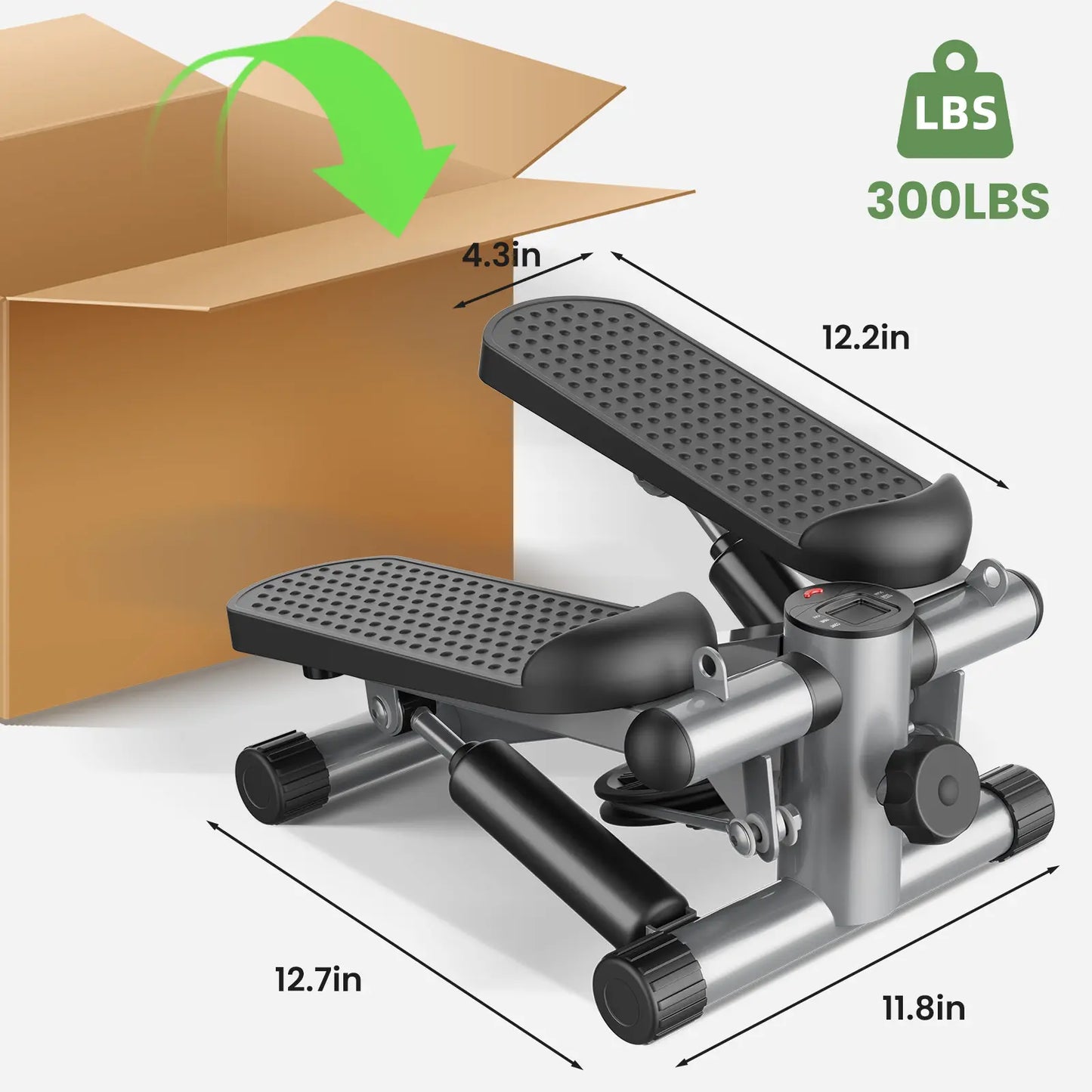 Mini Stepper with Resistance Bands, Adjustable Stride & Intensity Portable Stepper Machine, 265LBS Capacity Quiet Full Body Workout for Home, Includes LED Monitor