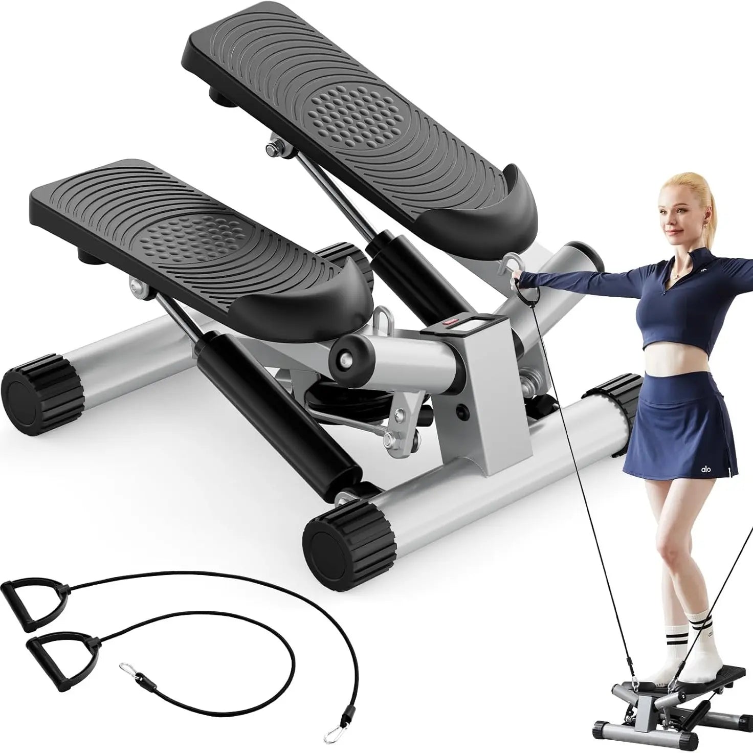 Mini Stepper with Resistance Bands, Adjustable Stride & Intensity Portable Stepper Machine, 265LBS Capacity Quiet Full Body Workout for Home, Includes LED Monitor